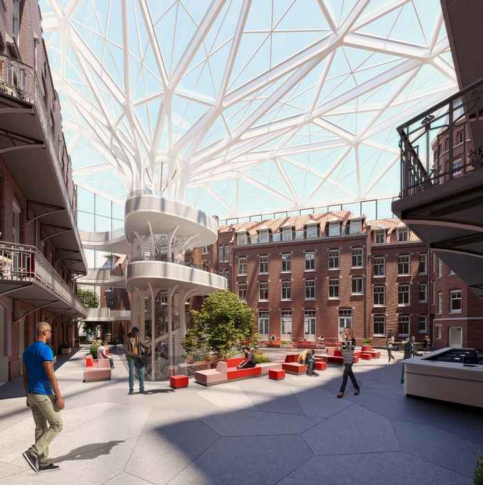 De begane grond van het atrium met de servicebalie