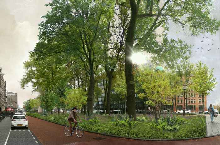 Artist impression van het toekomstige groene Weesperplein, met bomen en fietser
